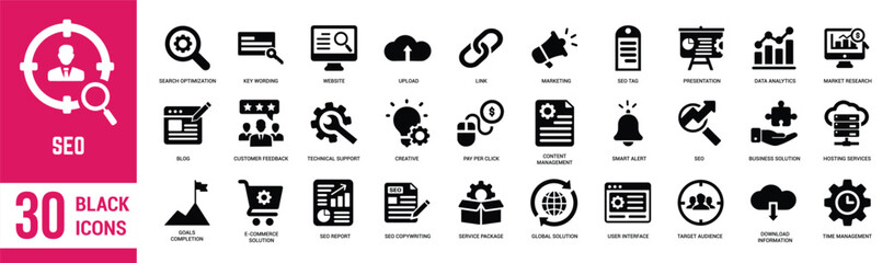 SEO solid icons set. Seo, marketing, business, optimization, website, keyword, ranking, link, marketing and network. Vector illustration