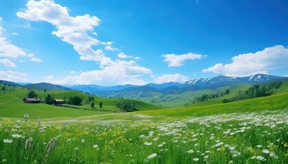A stunning spring day landscaping views of fertile land surrounded beautiful green vegetation, wide stretches of hills and mountains with clear skies in spring