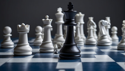 an isolated king piece on a black and white chess board in a blue background with copy space
