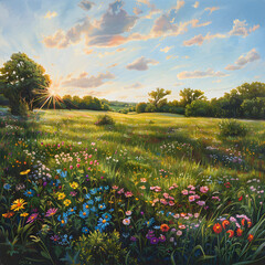 Sunlit Meadow: A Lively Scene of Wildflowers and Golden Rays Invoking Joy and Tranquility