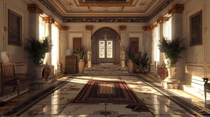 Fototapeta premium Vast room showcasing a marble floor and a rich red area rug. Luxurious, statement-making flooring