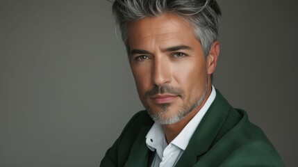 A man with grey hair and a green jacket.