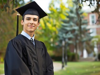 A young man in graduation attire is posing for a photo.