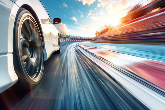 High speed racing car seen from side view accelerating on the track in dynamic motion