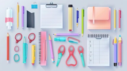 Various stationery for school education, top view