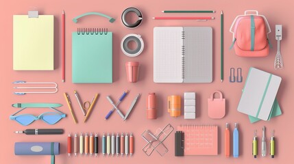 Various stationery for school education, top view