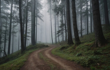 Obraz premium Landscape Green coniferous forest in the fog.