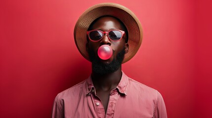 Portrait of a young african american man with panama hat blowing bubble gum