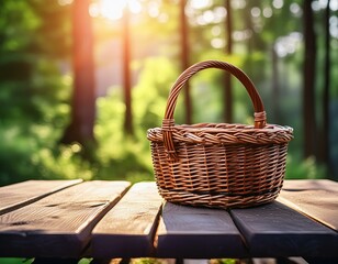 picnic basket on the grass A dark wooden table with a wicker basket ready for a sunny holiday camping adventure, lush greenery and vibrant sunlight,
