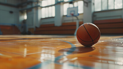 Naklejka premium Basketball ball over the floor in the gym, generative AI
