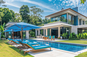 the front view of a two bedroom bungalow villa with a swimming pool in Phuket, Thailand. It is surrounded by lush greenery and palm trees.