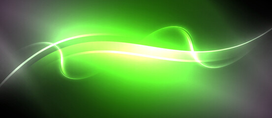 Obraz premium Neon glowing circle rays, light round lines in the dark, planet style neon wave lines. Energetic electric concept design for wallpaper, banner, background