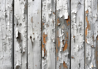 A detailed texture of peeling white paint on the side panels of an old house, showcasing its weathered and cracked surface with visible cracks between each wooden panel. Created with Ai