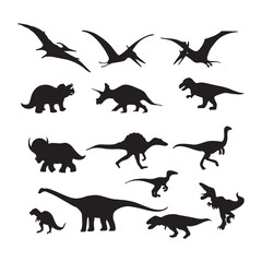 Dinosaur silhouettes vector illustration isolated on white background. Prehistoric animal vector silhouette. Black dinosaur silhouettes for kids.