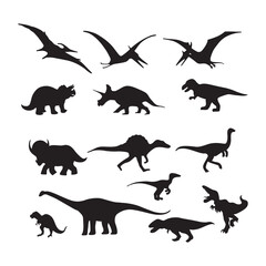 Dinosaur silhouettes vector illustration isolated on white background. Prehistoric animal vector silhouette. Black dinosaur silhouettes for kids. © dapiyupi