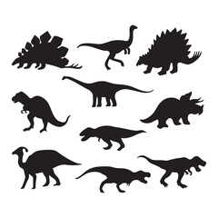 Dinosaur silhouettes vector illustration isolated on white background. Prehistoric animal vector silhouette. Black dinosaur silhouettes for kids.
