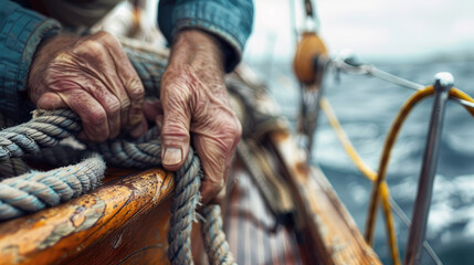 Fisherman Handling Rope on Sailboat's Weathered Deck