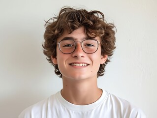 Obraz premium A young man with curly hair and glasses smiling.