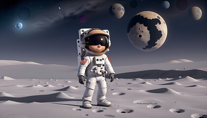 Naklejka premium a doodle art of an astronaut on the surface of the moon in a white isolated background with copy space 