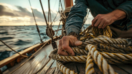 Obraz premium Fisherman Handling Rope on Sailboat's Weathered Deck