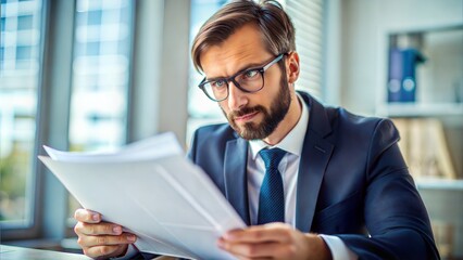 Serious Economist: A portrait of a serious economist with glasses, reviewing financial reports, emphasizing expertise and economic analysis.
