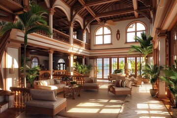 Fototapeta premium Expansive interior brimming with an abundance of potted greenery and a solitary chair. Serene, biophilic design