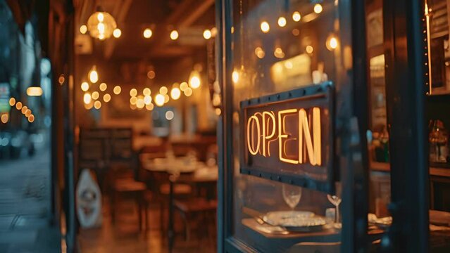 Sign OPEN on a restaurant shop , Open sign board on glass door in modern cafe coffee , food and drink concept