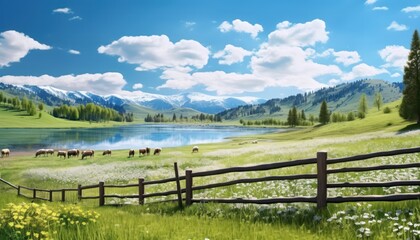 A stunning spring day landscaping views of fertile land surrounded beautiful green vegetation, wide stretches of hills and mountains with clear skies in spring