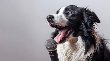 Beautiful border collie dog singing into a microphone, generative Ai