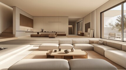 A contemporary living room with a minimalist design featuring a neutral color palette streamlined furniture and a large open space that invites calm and clarity into