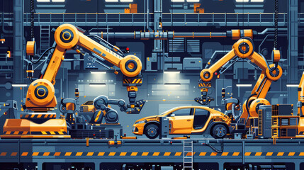 Robotic System in Car Production Illustration