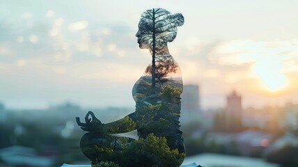 Double exposure of a woman meditating with serene nature elements, symbolizing harmony and inner peace. Ideal for wellness concepts.