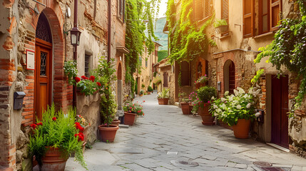 Naklejka premium Beautiful alley in Tuscany Old Town Italy, generative Ai 
