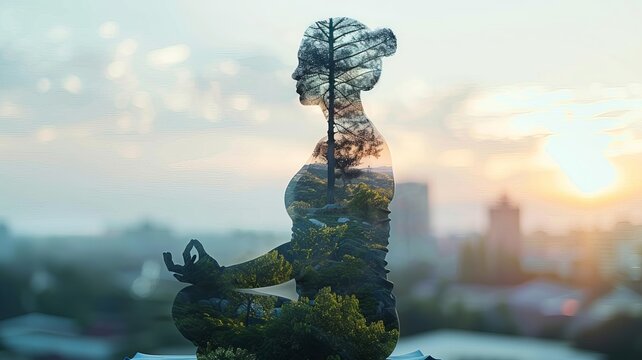 Double exposure of a woman meditating with serene nature elements, symbolizing harmony and inner peace. Ideal for wellness concepts.