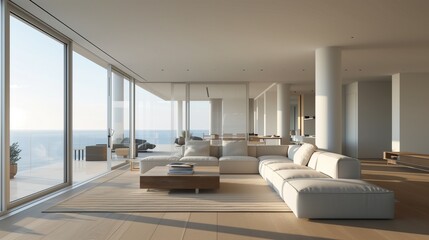 Fototapeta premium A contemporary living room with a minimalist design featuring clean lines a neutral color palette and floor-to-ceiling windows that flood