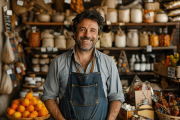 Portrait of a smiling male natural organic food shop owner holding a walnut in his hands. Created...