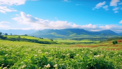 Fototapeta premium A stunning spring day landscaping views of fertile land surrounded beautiful green vegetation, wide stretches of hills and mountains with clear skies in spring