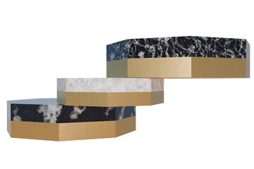 3D Render of Marble and gold pedestal isolated. Minimal scene with pedestal, podium made of marble and gold, 3D Illustration.
