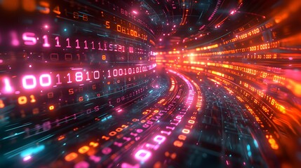 Fototapeta premium Illuminating the Digital Realm: Neon Binary Numbers Processing in a High-Tech Environment
