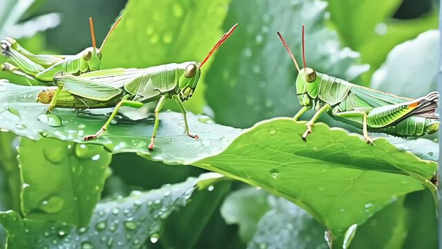 green grasshopper on a leaf after rain