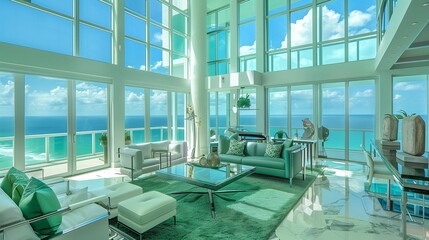 A luxurious living room in a high-rise with panoramic floor-to-ceiling windows that offer sweeping views of