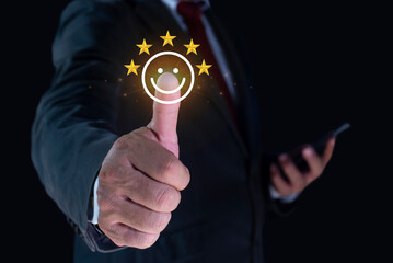 Fingers with smiley face icon and five stars. Customer satisfaction and business acceptance survey,...