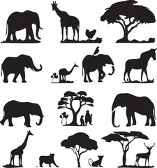 Black Silhouette of Africa Safari animals Set 