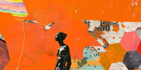Abstract Collage with Bright Orange Background and Female Silhouette Featuring Newspaper Textures and Vibrant Colors