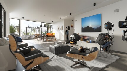 A modern living room with a dedicated virtual reality area featuring state-of-