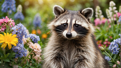 Fototapeta premium Background with happy funny raccoon on floral background