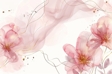 Elegant floral background with soft pink and gold flowers, delicate petals swirling around in the wind, creating an ethereal atmosphere. Created with Ai