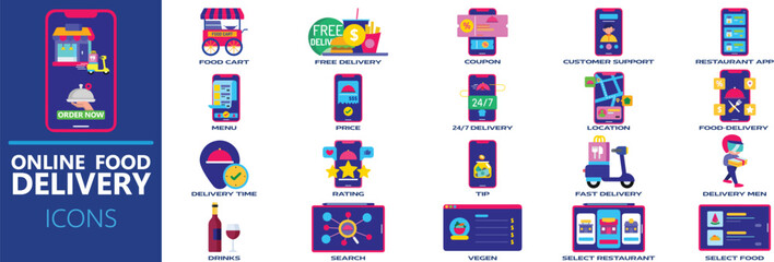 High-Quality Editable Extensive Online Food Delivery Icon Collection: From Ordering to Delivery, Comprehensive Online Food Delivery Icon Set: Convenience at Your Fingertips, with interface design,
