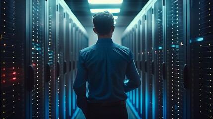 A man stands among servers in a functional server room