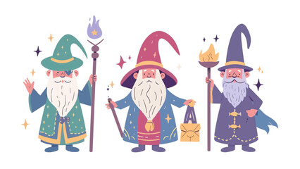 3 standing magical enchanted wizards casting spells wearing wide brimmed pointy hat magic fire large long fluffy beard resizable vector